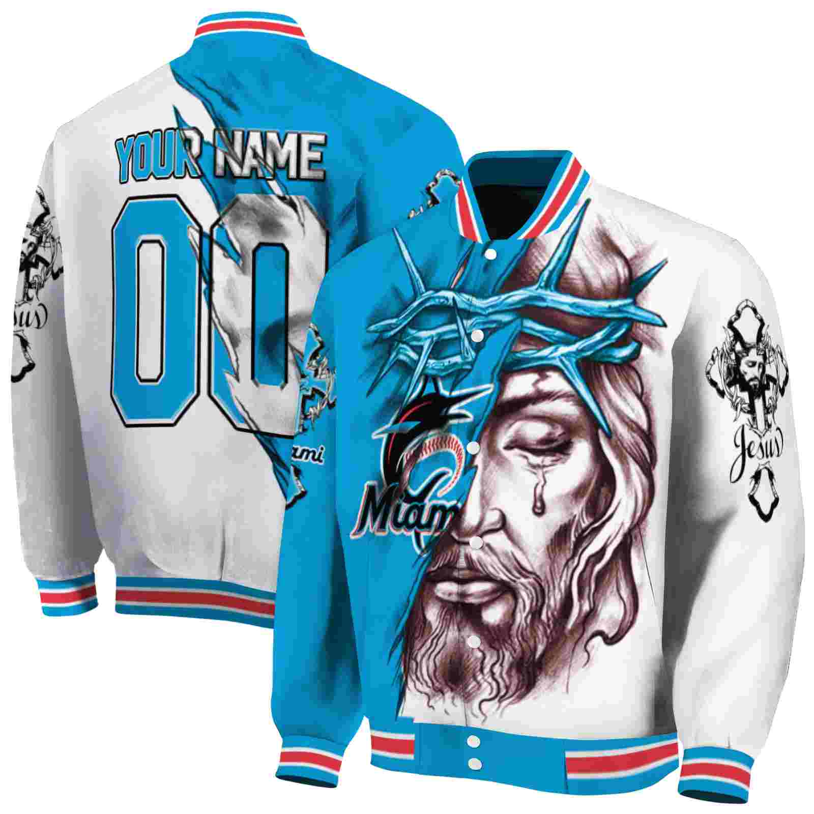 MLB Customized Miami Marlins Jesus Tears Blue White Custom Baseball Jacket Sport Fans Gear