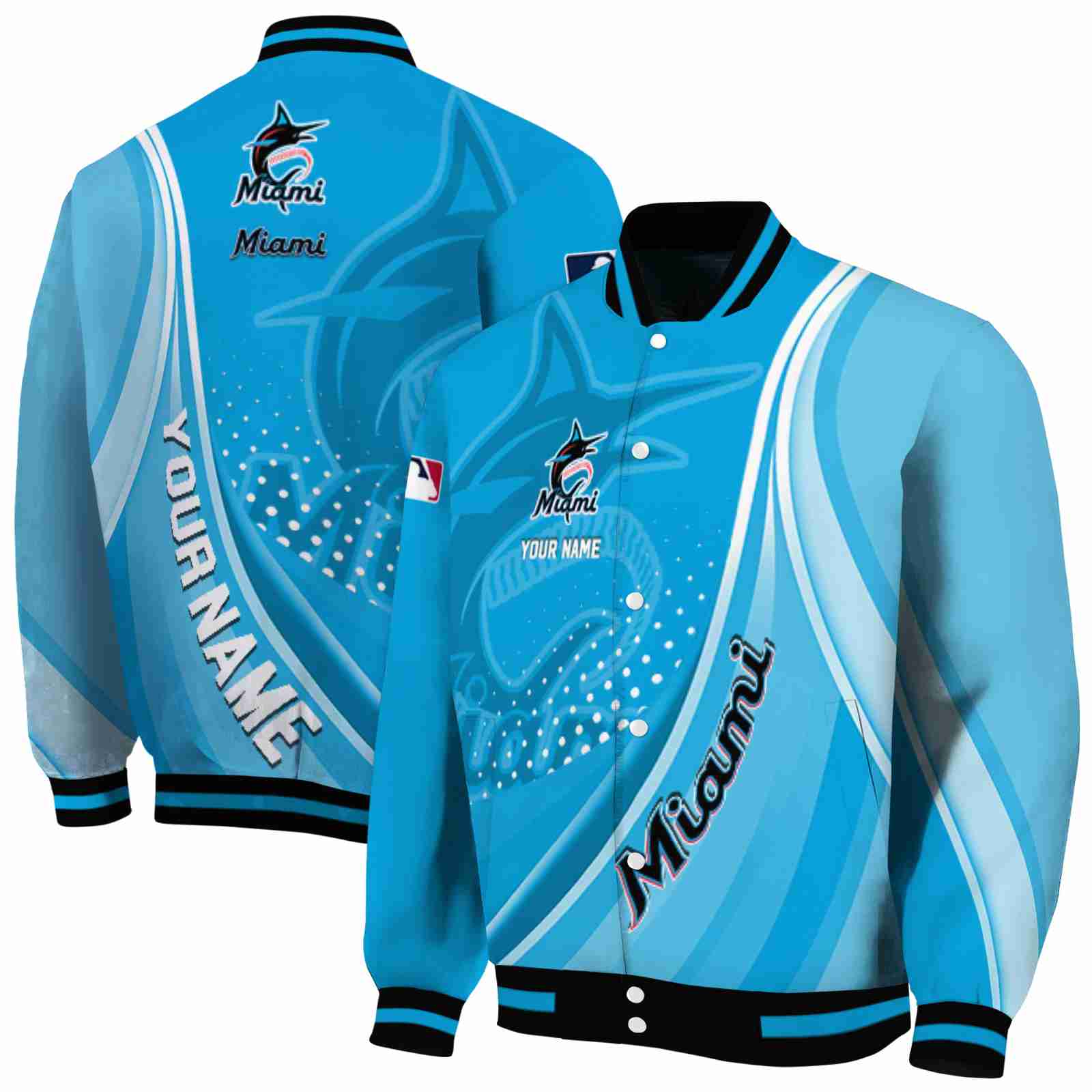 MLB Customized Miami Marlins Wave Patterns Blue Custom Baseball Jacket Sport Fans Gear