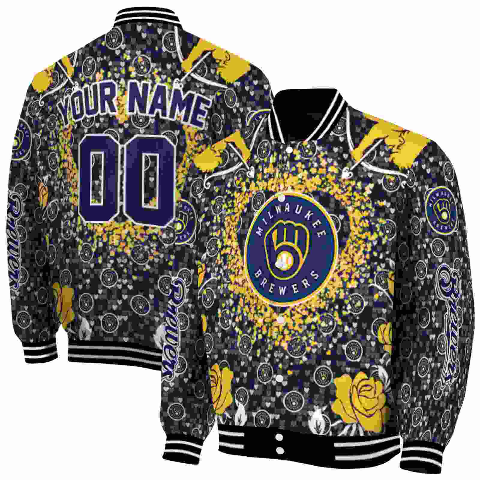 MLB Customized Milwaukee Brewers Heart Explosion Navy Blue Custom Baseball Jacket Sport Fans Gear