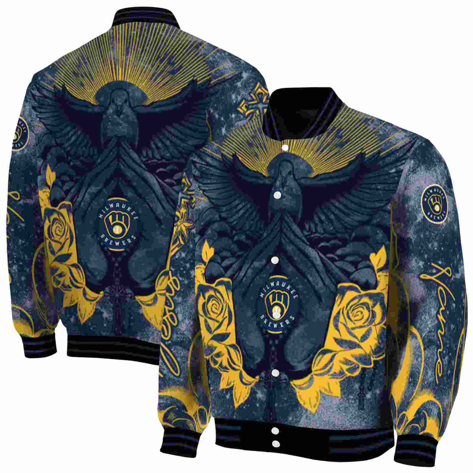 MLB Customized Milwaukee Brewers Praying Hands Navy Blue Custom Baseball Jacket Sport Fans Gear