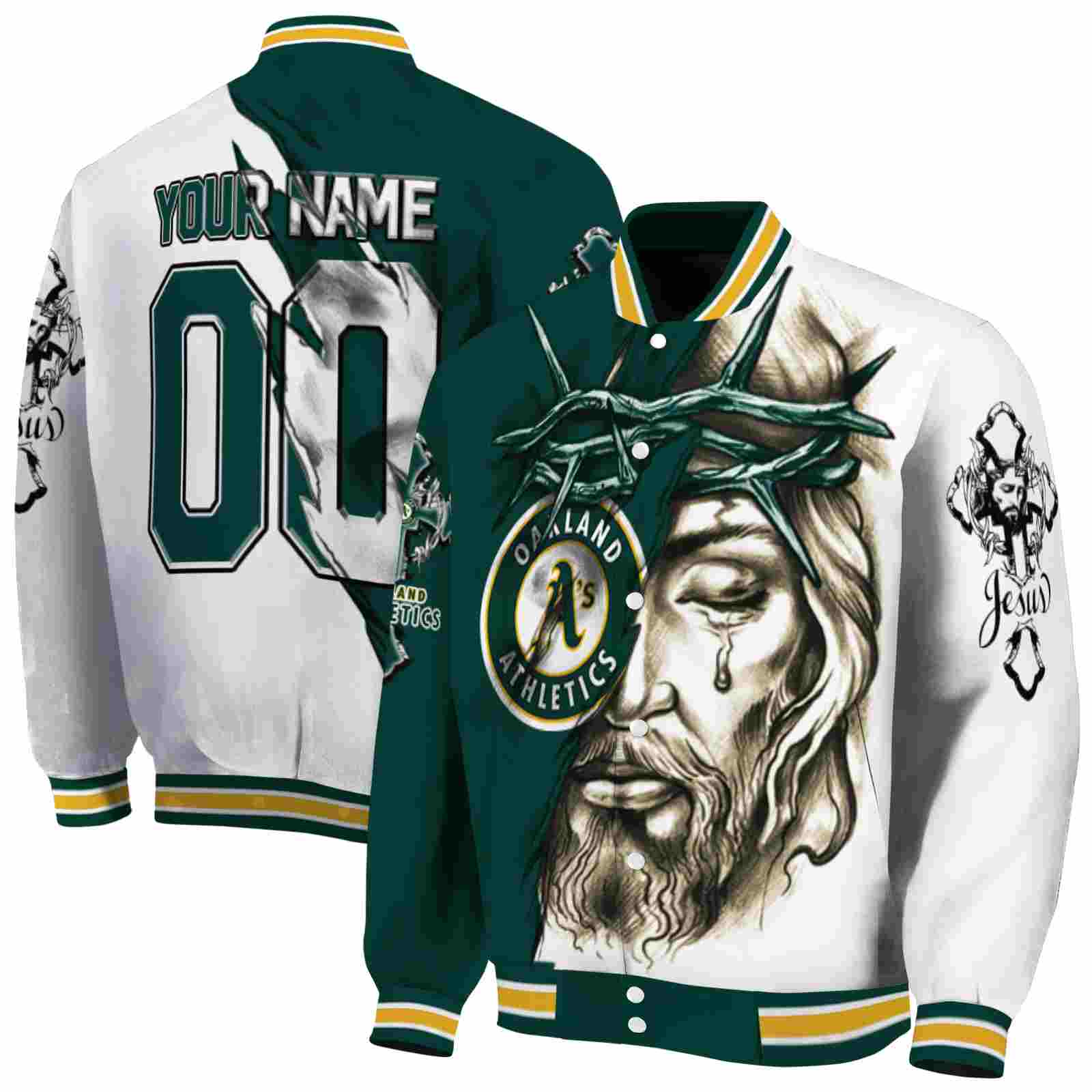 MLB Customized Oakland Athletics Jesus Tears Green White Custom Baseball Jacket Sport Fans Gear