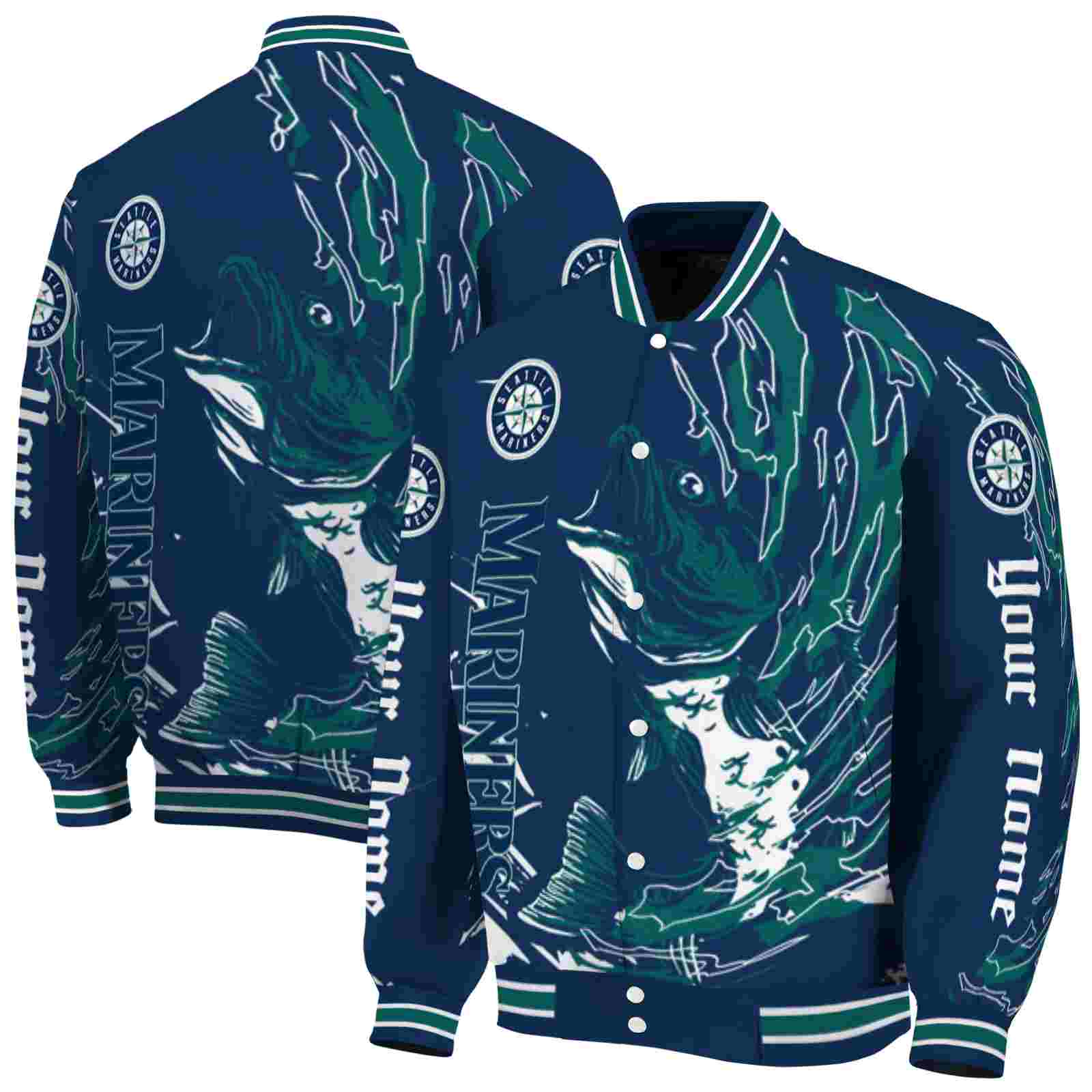 MLB Customized Seattle Mariners Fishing Passion Navy Blue White Custom Baseball Jacket Sport Fans Gear