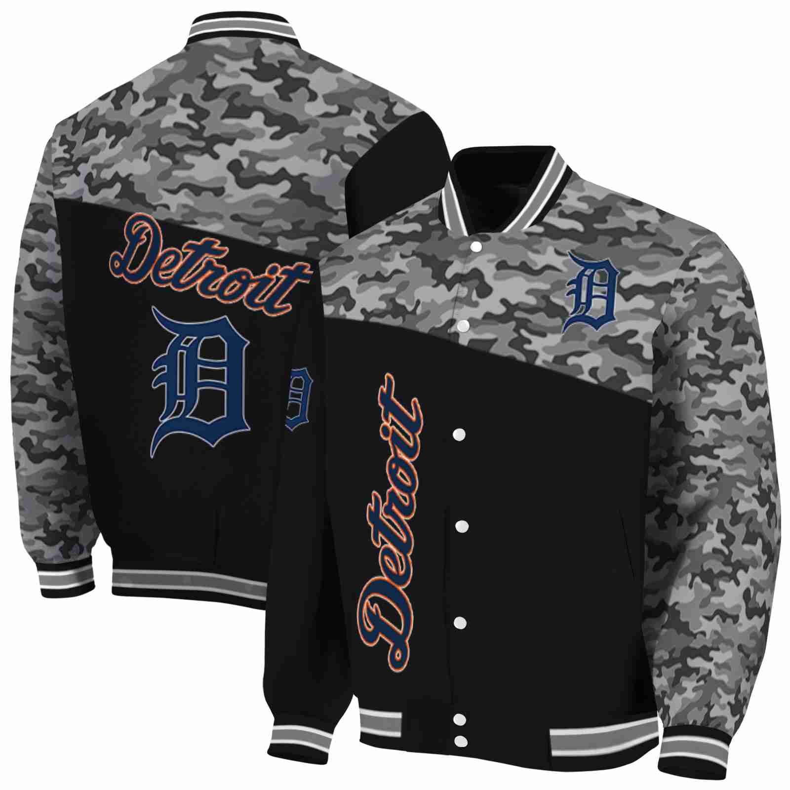 MLB Detroit Tigers Camo Patchwork Black Custom Baseball Jacket Sport Fans Gear