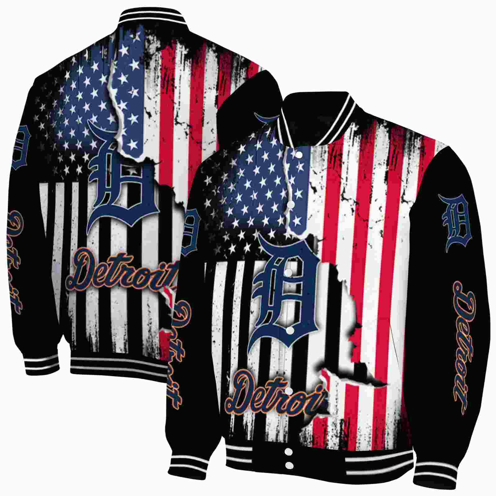MLB Detroit Tigers Patriotic Theme Black Custom Baseball Jacket Sport Fans Gear
