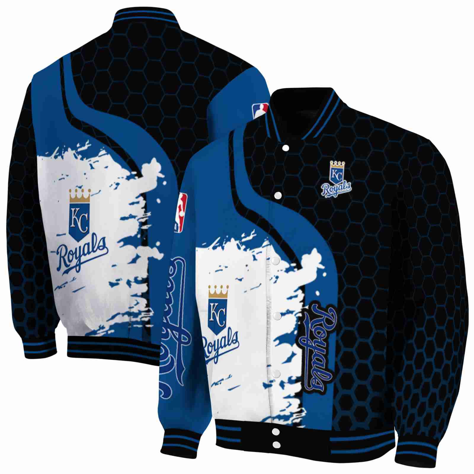 MLB Kansas City Royals Hexagonal Pattern Royal Blue Black Custom Baseball Jacket Sport Fans Gear