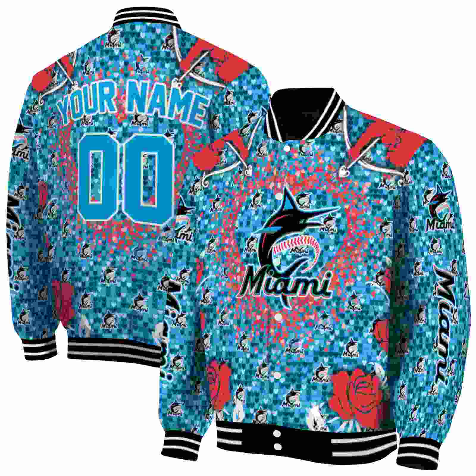 MLB Miami Marlins Heart Explosion Blue Custom Baseball Jacket Sport Fans Gear