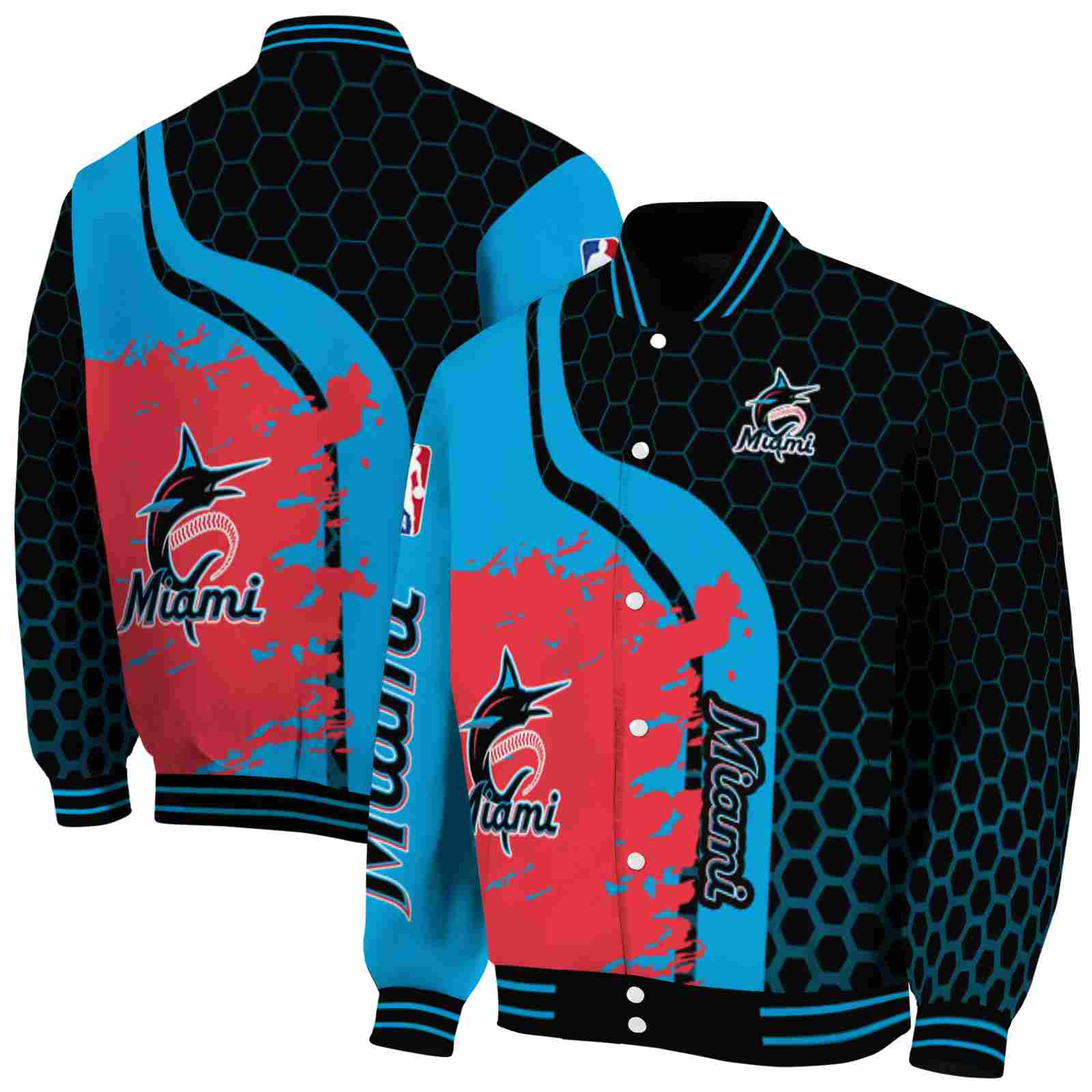 MLB Miami Marlins Hexagonal Pattern Blue Black Custom Baseball Jacket Sport Fans Gear