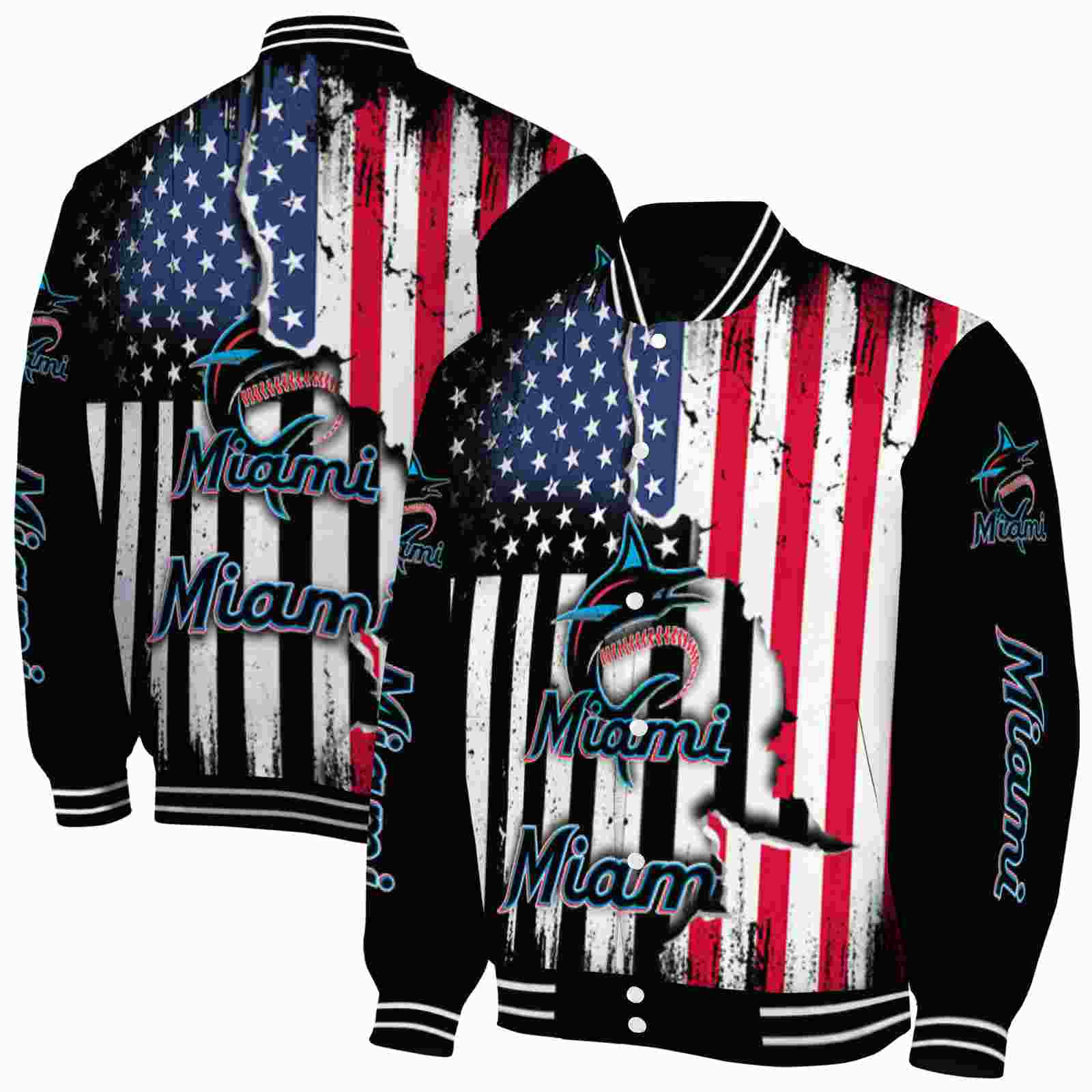 MLB Miami Marlins Patriotic Theme Black Custom Baseball Jacket Sport Fans Gear