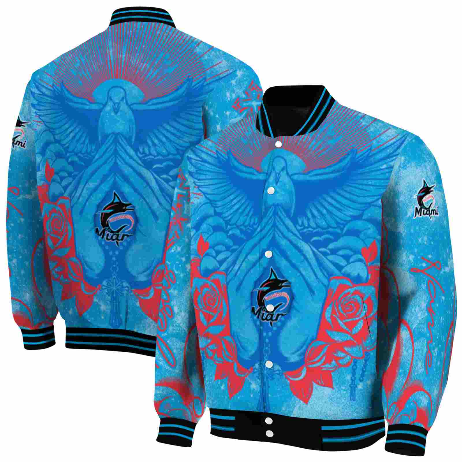 MLB Miami Marlins Praying Hands Blue Custom Baseball Jacket Sport Fans Gear