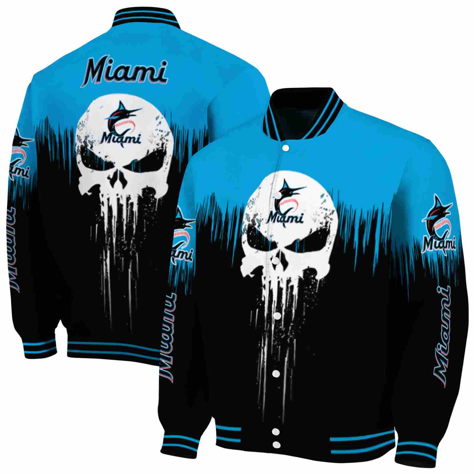 MLB Miami Marlins Punisher Skull Blue Black White Custom Baseball Jacket Sport Fans Gear