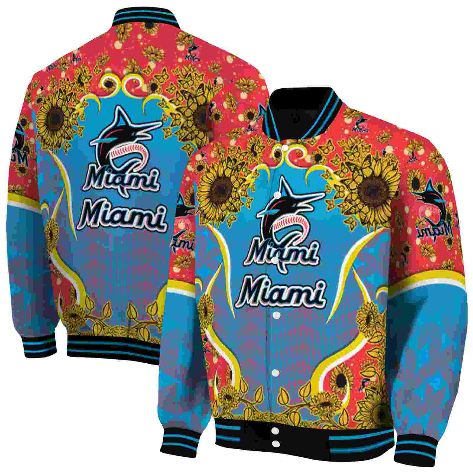 MLB Miami Marlins SuNFL ower Bloom Blue Yellow Custom Baseball Jacket Sport Fans Gear
