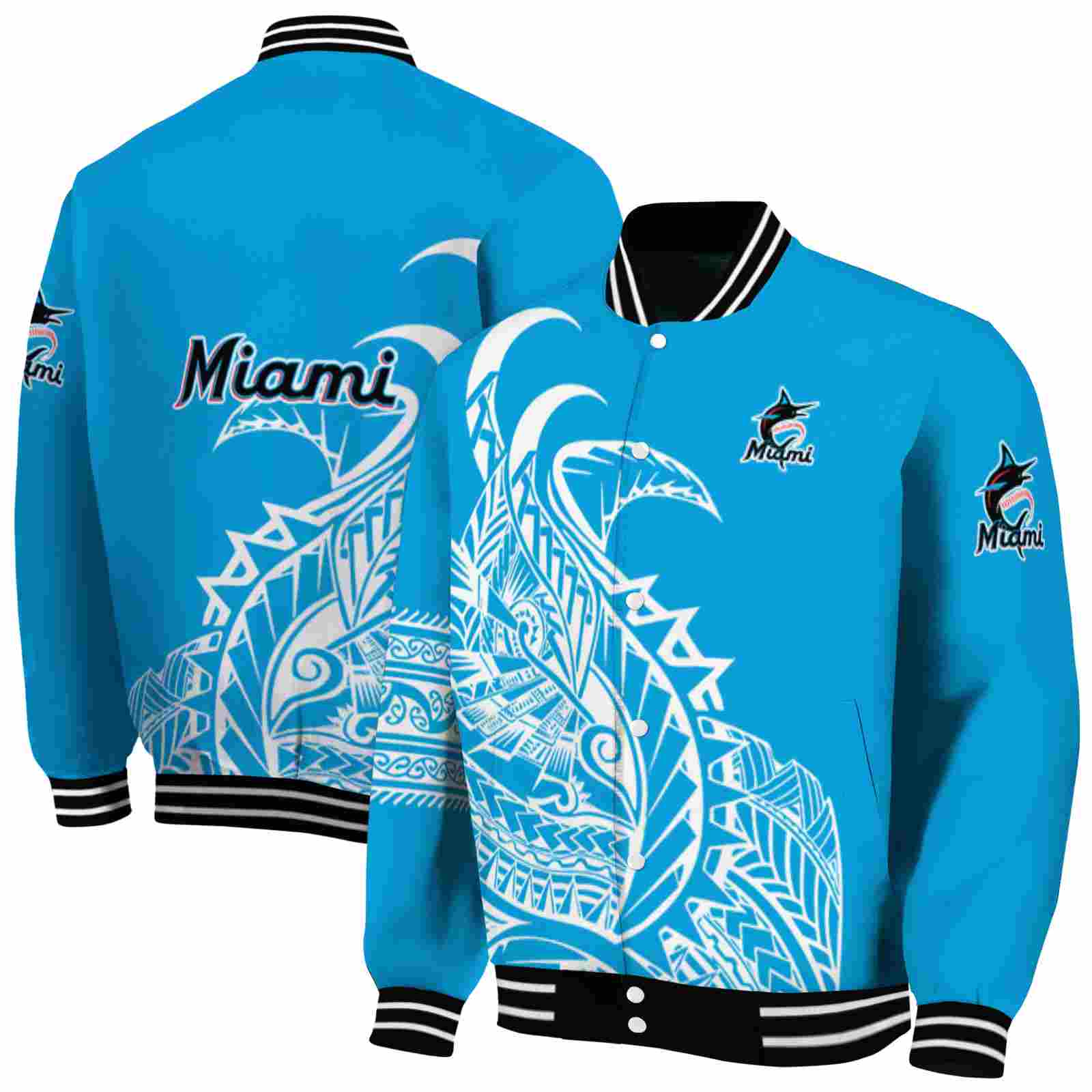 MLB Miami Marlins Tribal Art Blue White Black Custom Baseball Jacket Sport Fans Gear