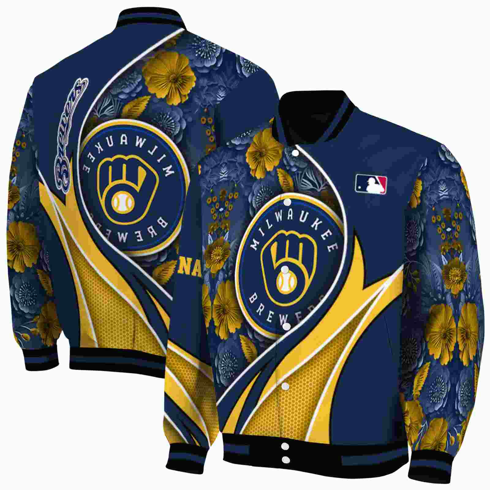 MLB Milwaukee Brewers Floral Print Navy Blue Custom Baseball Jacket Sport Fans Gear