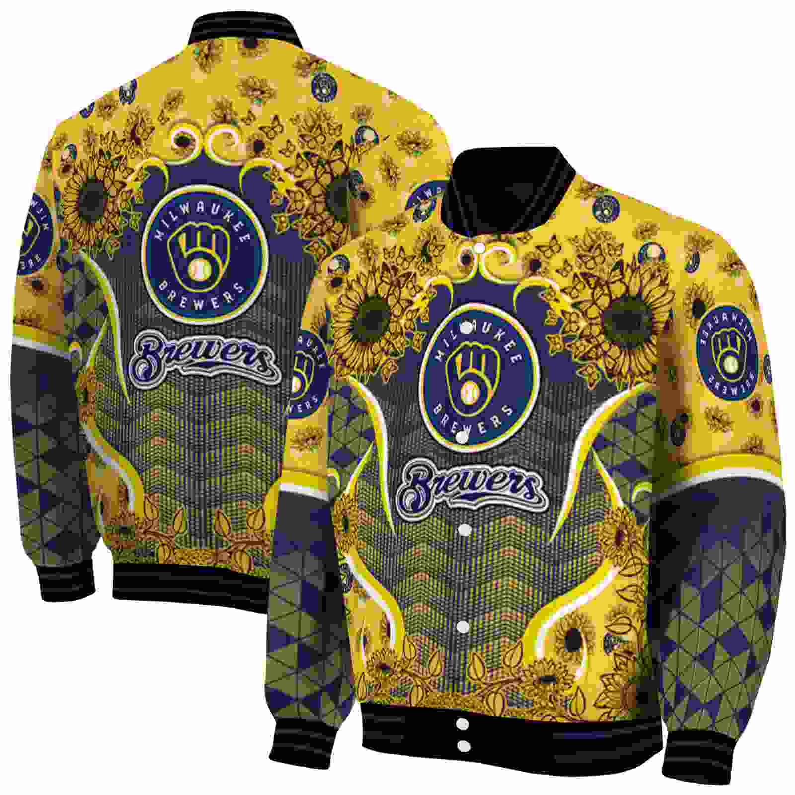 MLB Milwaukee Brewers SuNFL ower Bloom Navy Blue Yellow Custom Baseball Jacket Sport Fans Gear