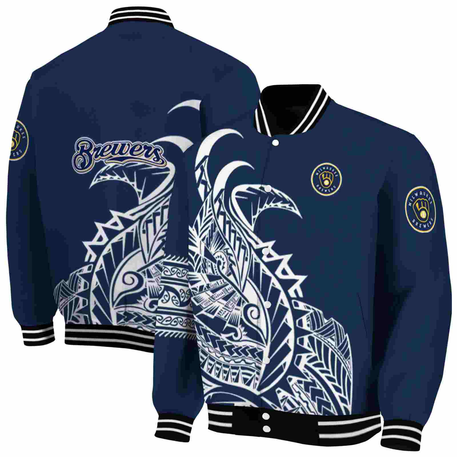 MLB Milwaukee Brewers Tribal Art Navy Blue White Black Custom Baseball Jacket Sport Fans Gear