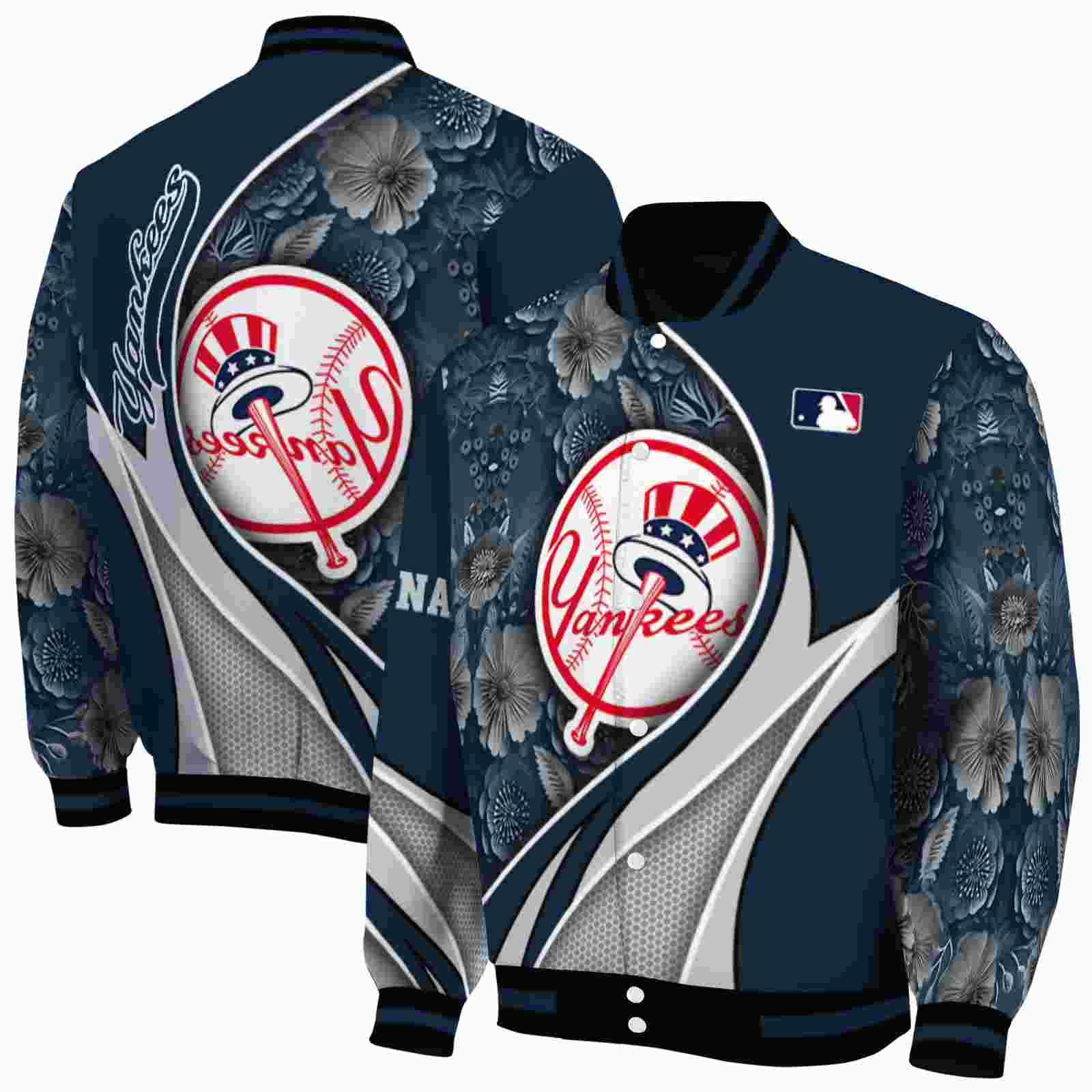 MLB New York Yankees Floral Print Navy Custom Baseball Jacket Sport Fans Gear