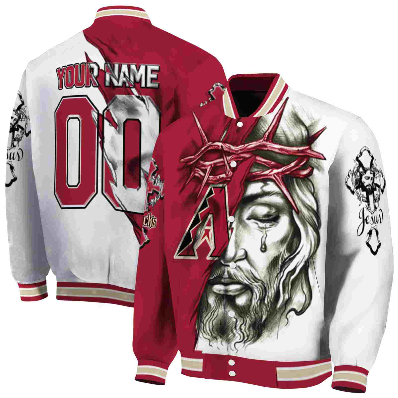 MLB Personalized Arizona Diamondbacks Jesus Tears Red White Custom Baseball Jacket Sport Fans Gear