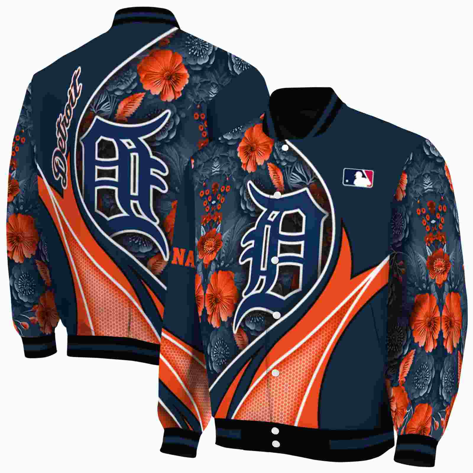 MLB Personalized Detroit Tigers Floral Print Navy Custom Baseball Jacket Sport Fans Gear