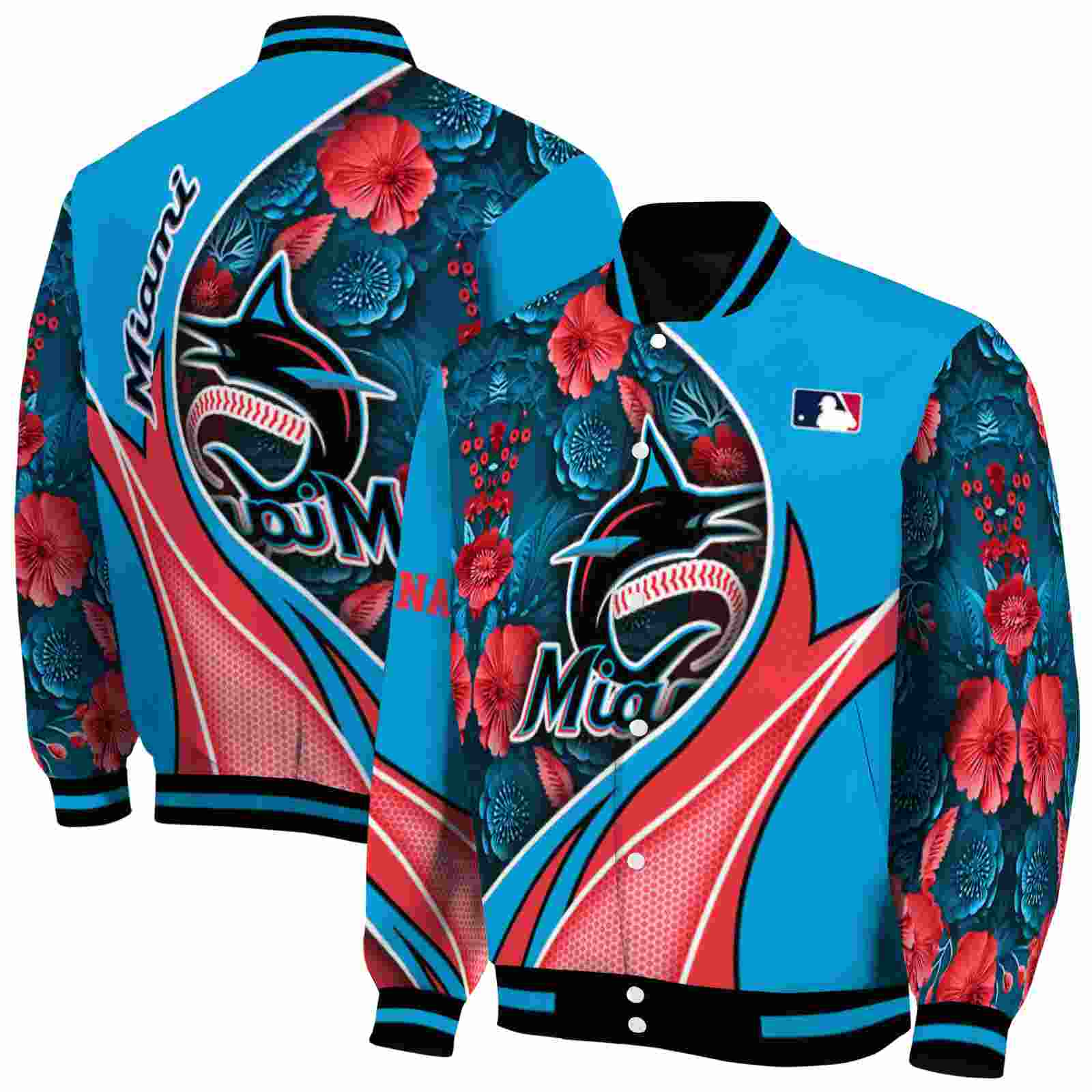 MLB Personalized Miami Marlins Floral Print Blue Custom Baseball Jacket Sport Fans Gear
