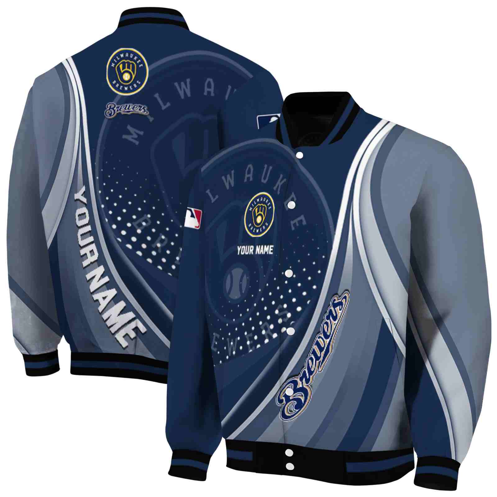 MLB Personalized Milwaukee Brewers Wave Patterns Navy Blue Custom Baseball Jacket Sport Fans Gear