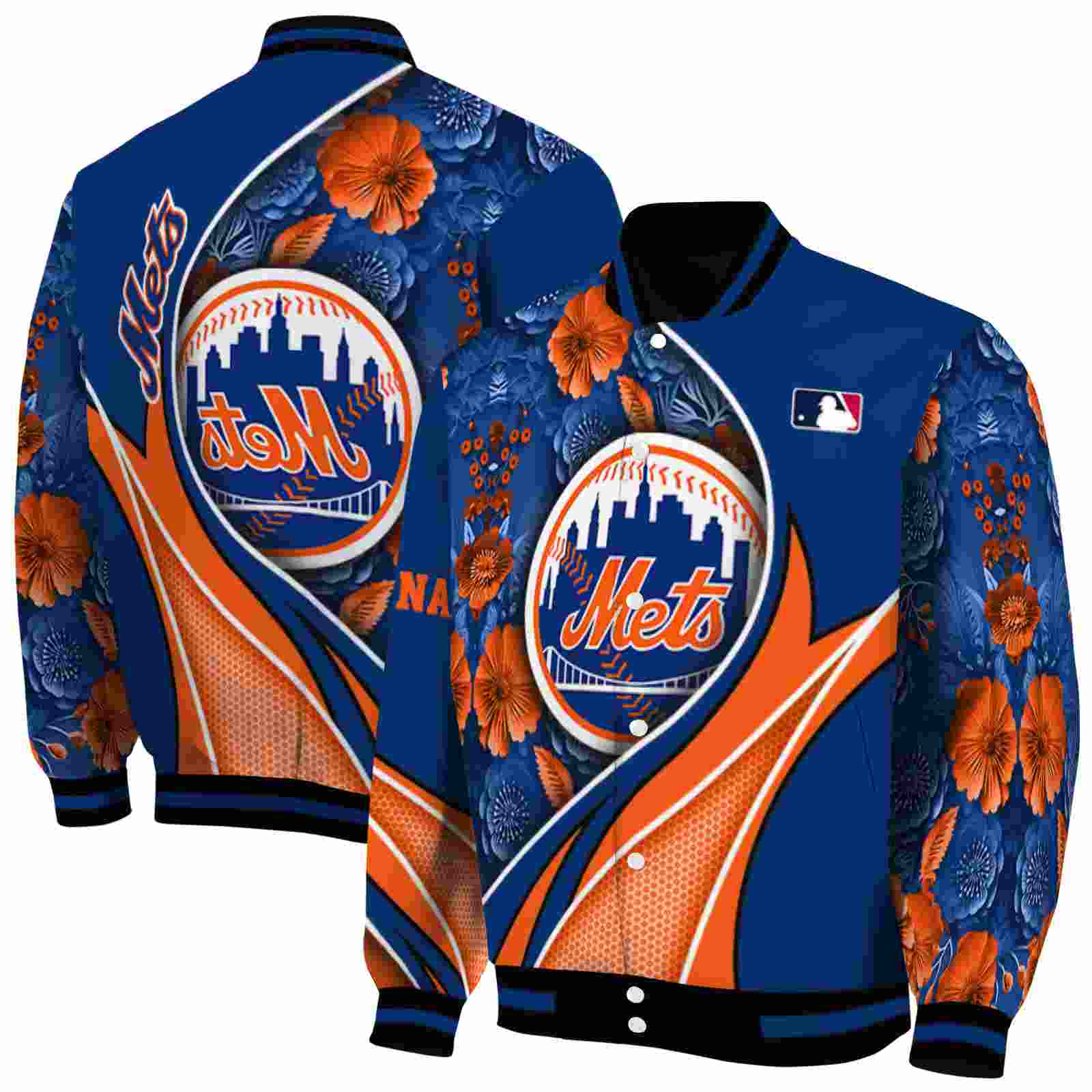 MLB Personalized New York Mets Floral Print Blue Custom Baseball Jacket Sport Fans Gear