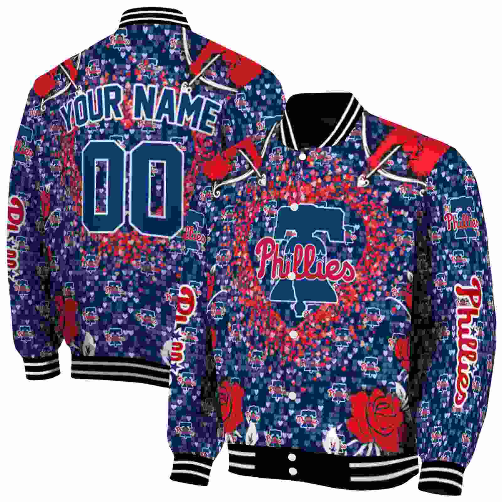 MLB Personalized Philadelphia Phillies Heart Explosion Blue Custom Baseball Jacket Sport Fans Gear