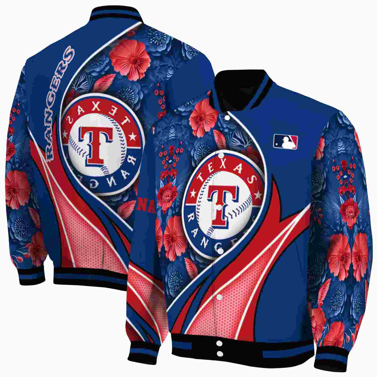 MLB Personalized Texas Rangers Floral Print Blue Custom Baseball Jacket Sport Fans Gear
