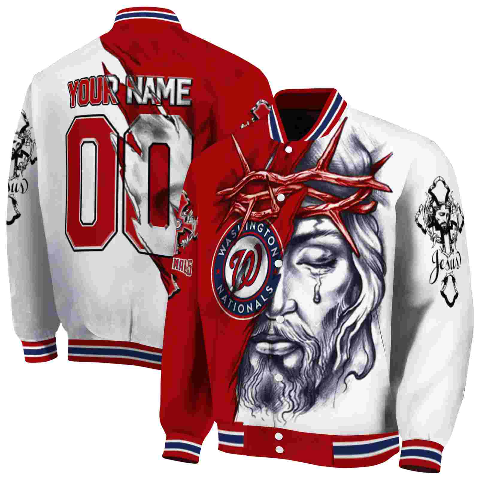 MLB Personalized Washington Nationals Jesus Tears Red White Custom Baseball Jacket Sport Fans Gear