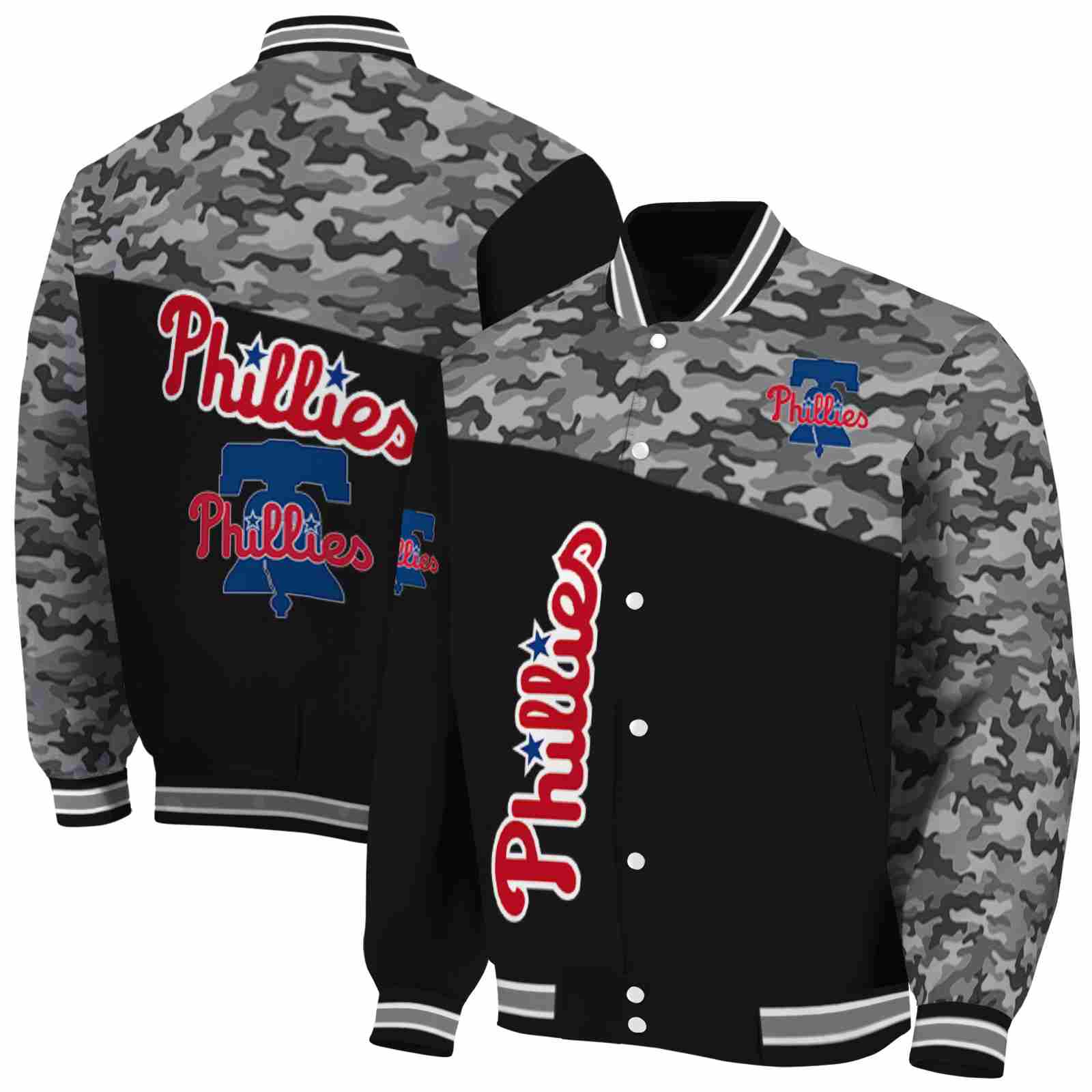 MLB Philadelphia Phillies Camo Patchwork Black Custom Baseball Jacket Sport Fans Gear