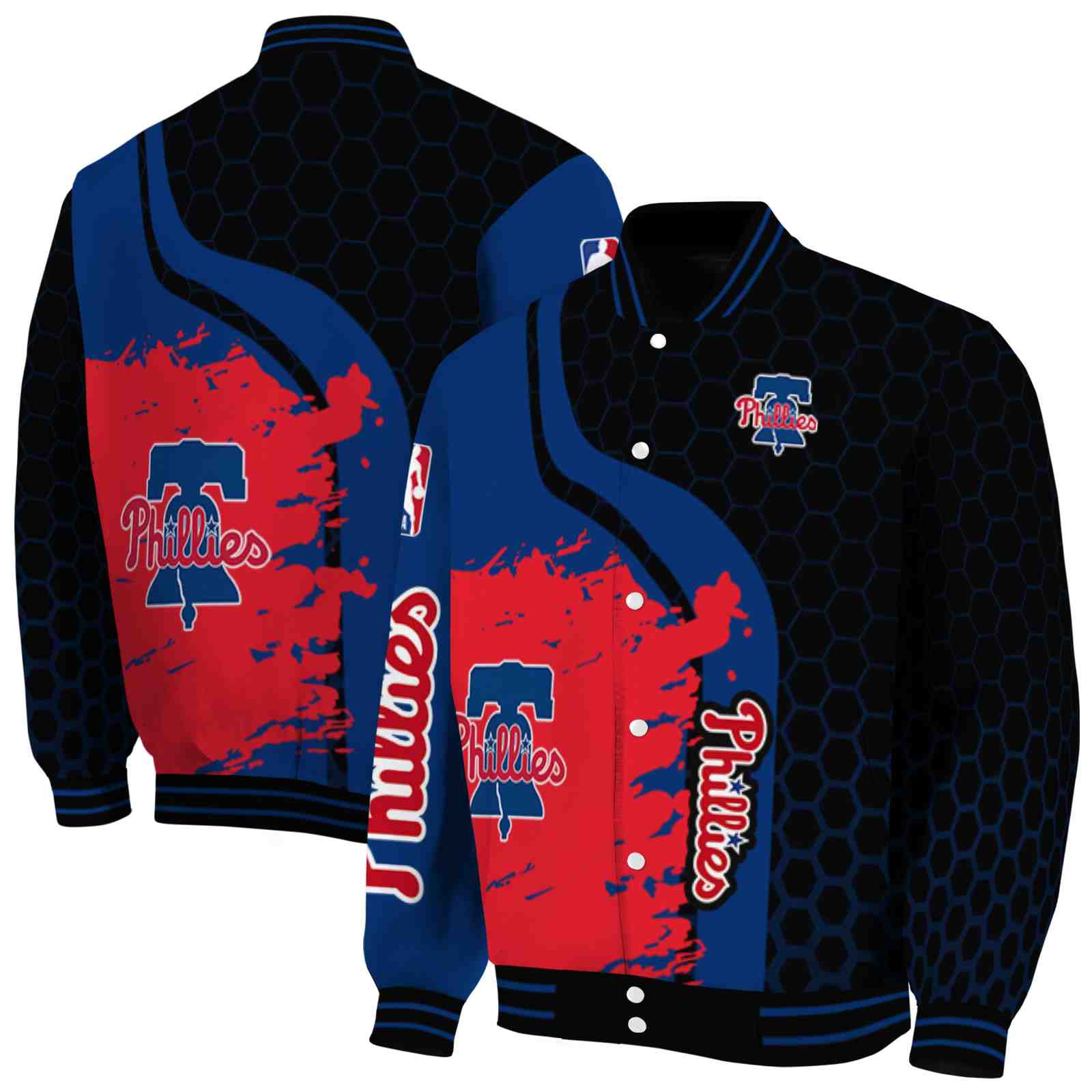 MLB Philadelphia Phillies Hexagonal Pattern Blue Black Custom Baseball Jacket Sport Fans Gear