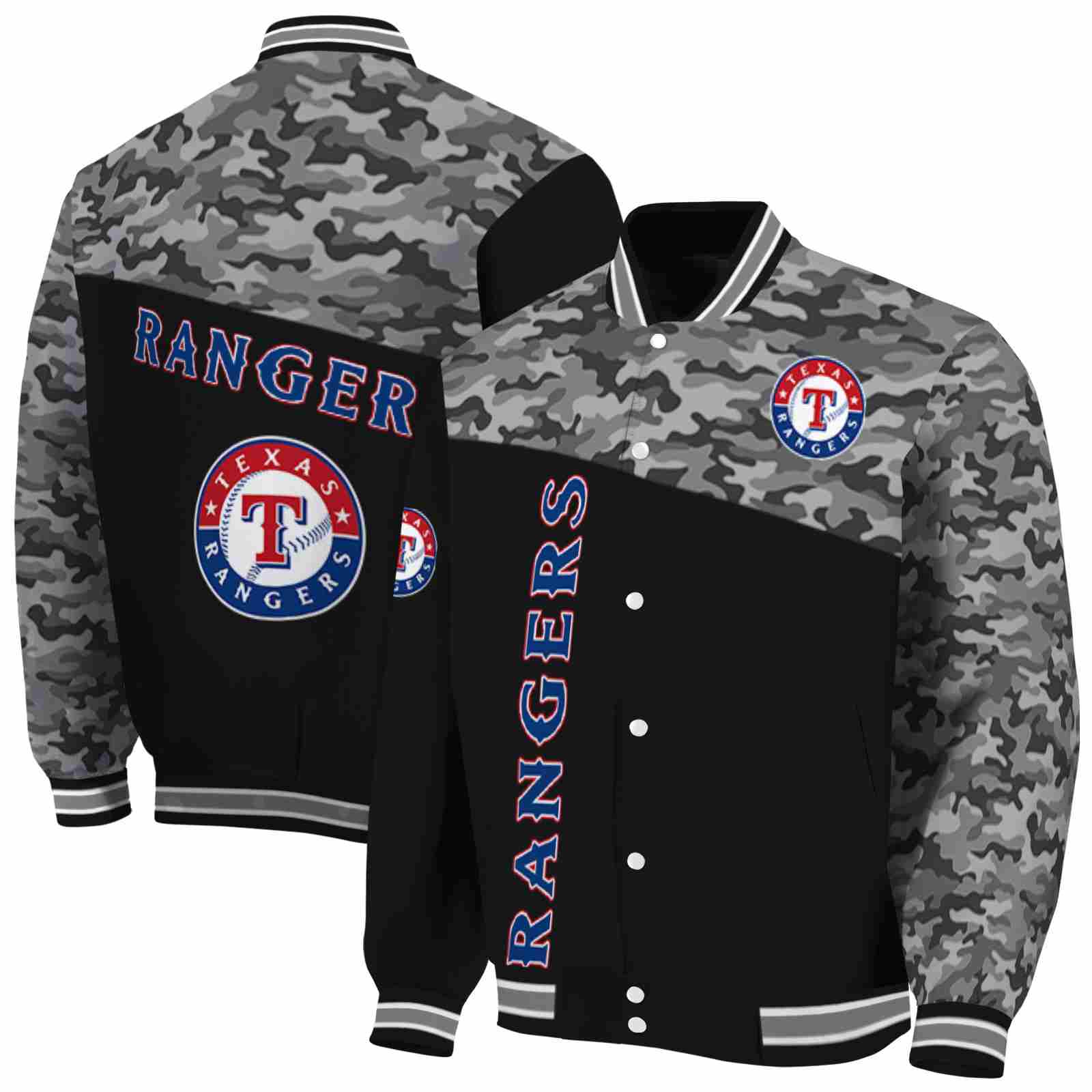 MLB Texas Rangers Camo Patchwork Black Custom Baseball Jacket Sport Fans Gear