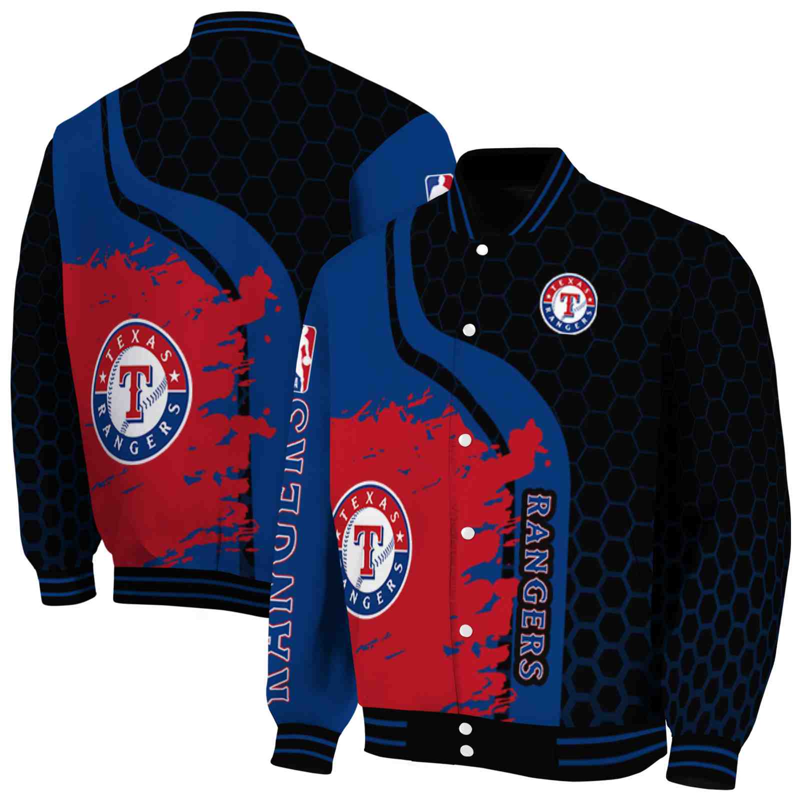 MLB Texas Rangers Hexagonal Pattern Blue Black Custom Baseball Jacket Sport Fans Gear