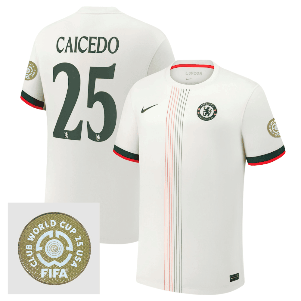 Moiss Caicedo 25 Chelsea 2025/26 FIFA Club World Cup 25 USA Patch Away Men Jersey - White