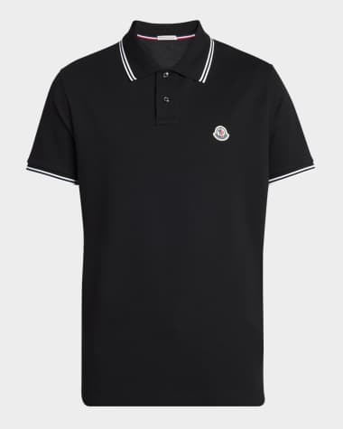 Moncler Men's Pique Polo Shirt with Stripe Collar Black