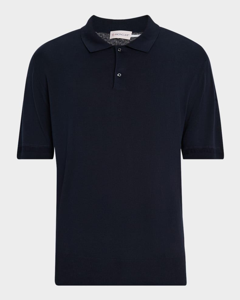 Moncler Men's Silk and Linen Knit Polo Shirt Navy