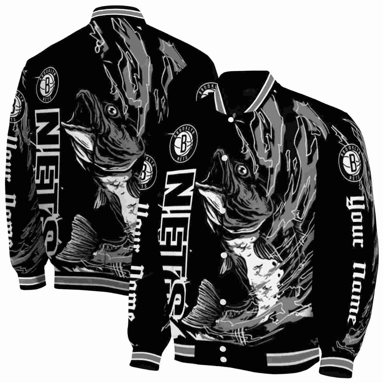 NBA Brooklyn Nets Fishing Passion Black White Custom Baseball Jacket Sport Fans Gear