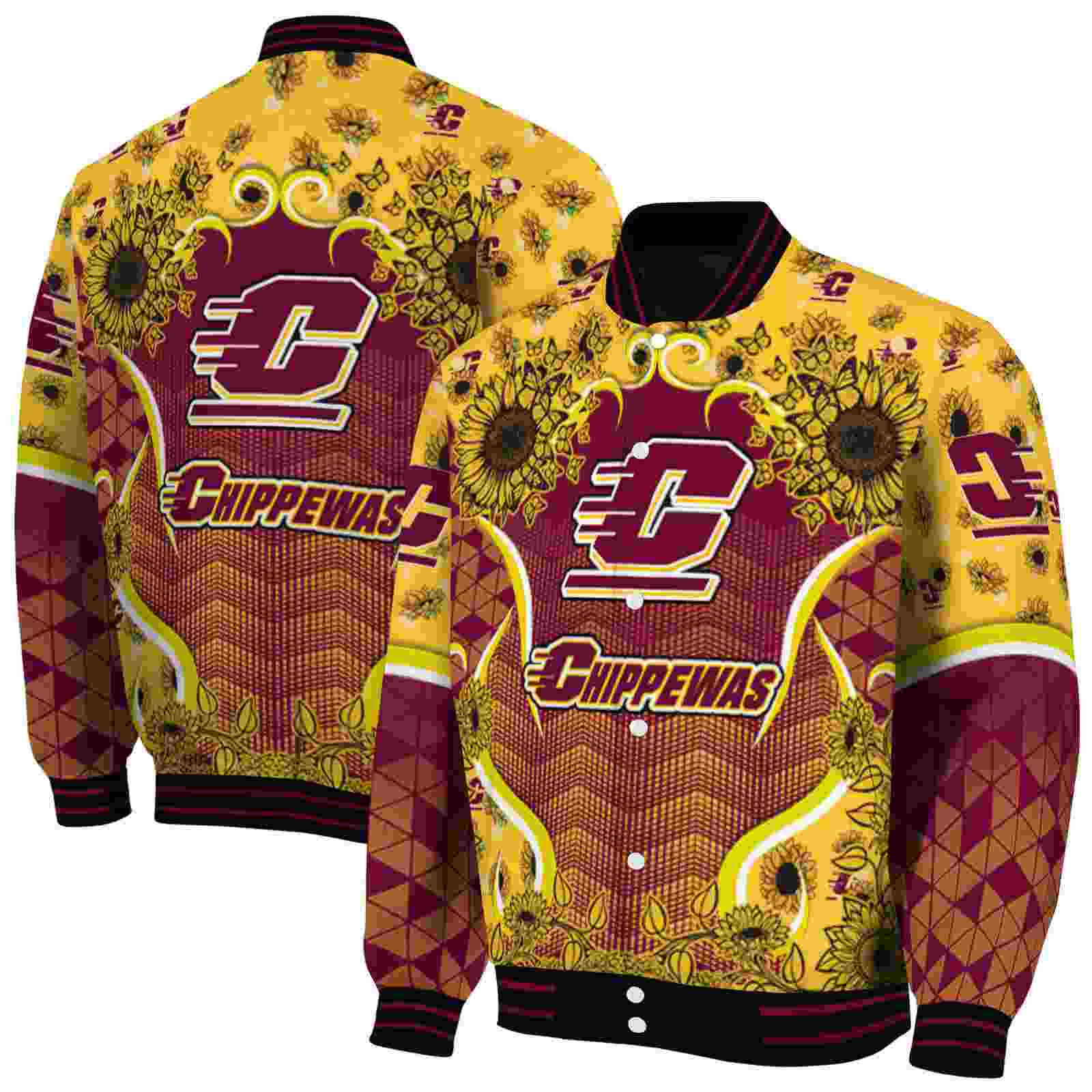 NBA Central Michigan Chippewas SuNFL ower Bloom Maroon Yellow Custom Baseball Jacket Sport Fans Gear