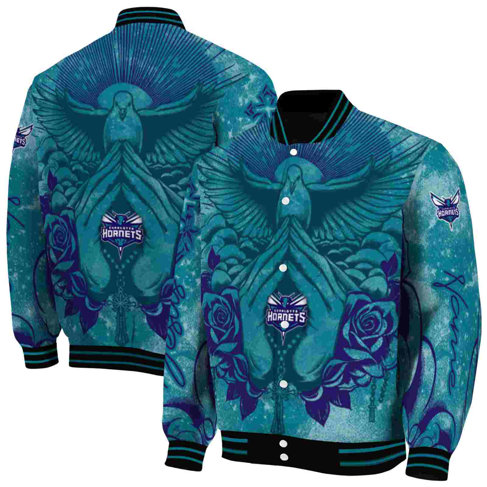 NBA Charlotte Hornets Praying Hands Teal Custom Baseball Jacket Sport Fans Gear