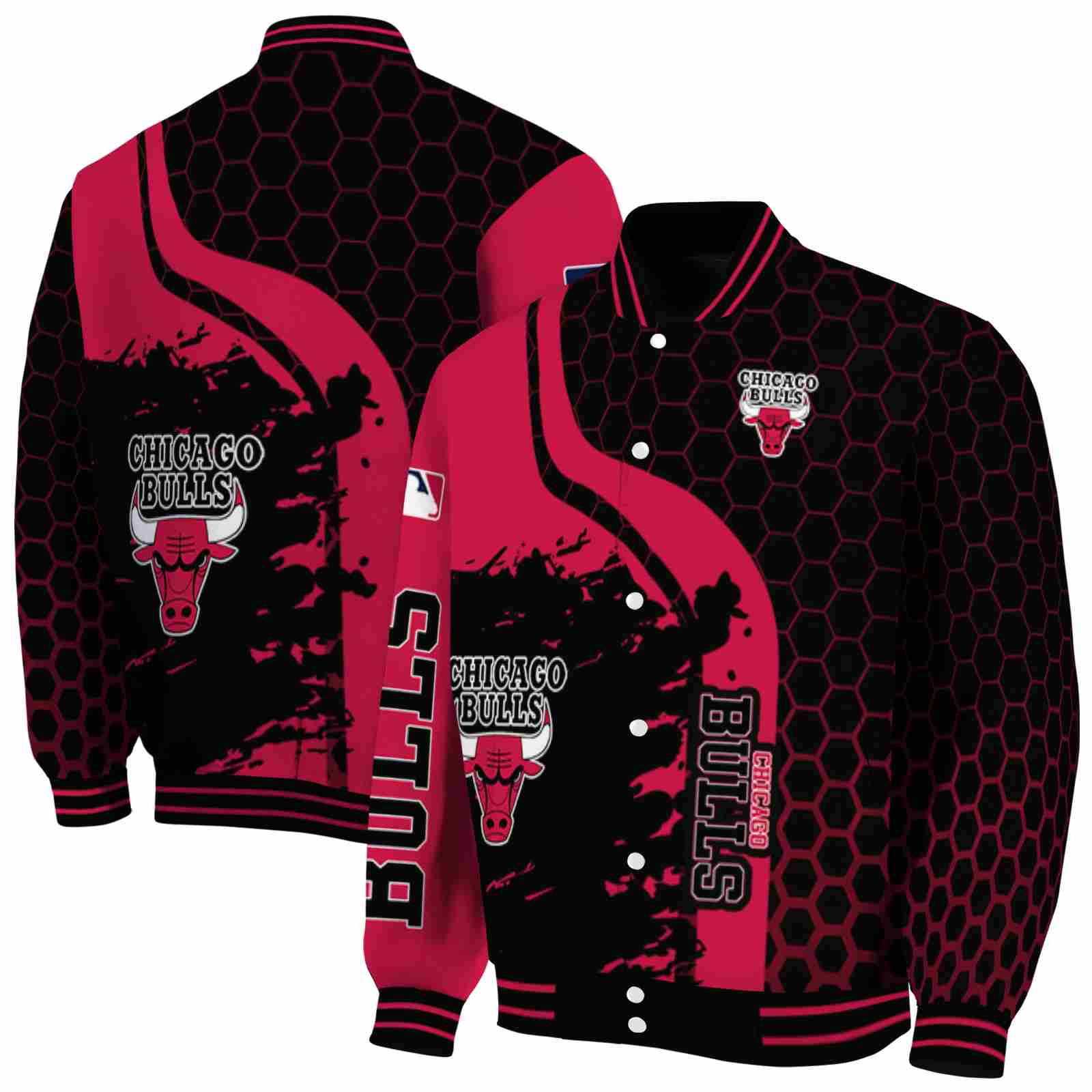 NBA Chicago Bulls Hexagonal Pattern Red Black Custom Baseball Jacket Sport Fans Gear