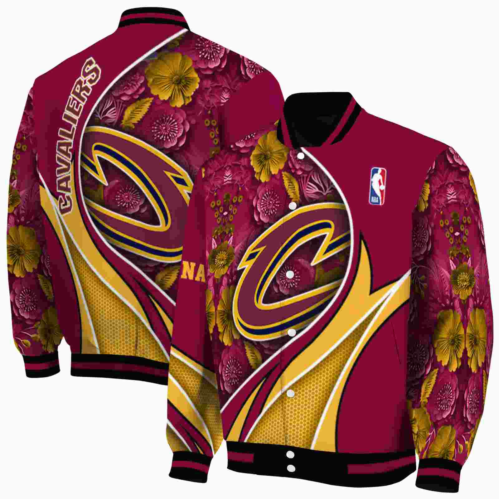 NBA Cleveland Cavaliers Floral Print Wine Custom Baseball Jacket Sport Fans Gear