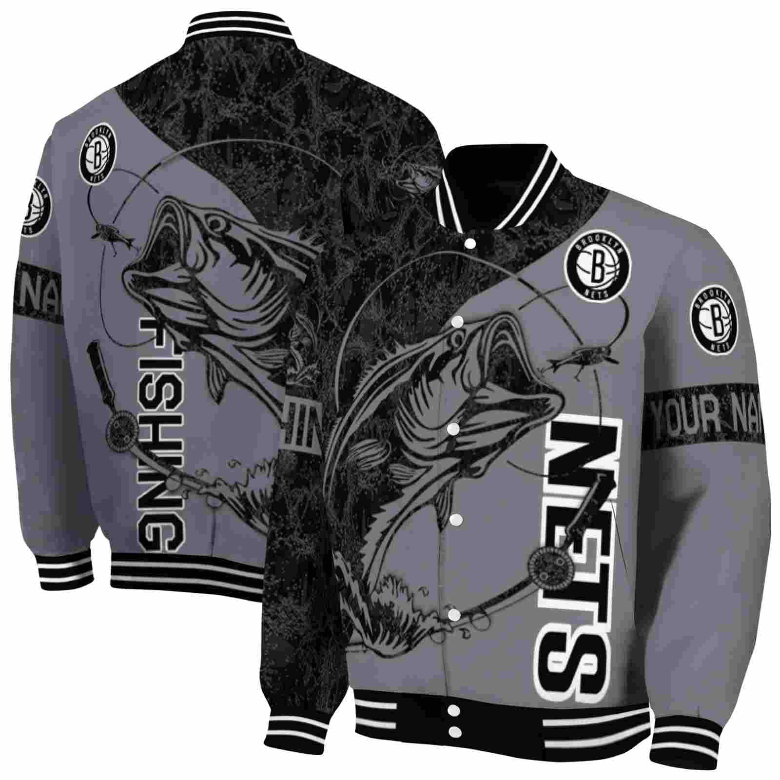 NBA Customized Brooklyn Nets Fishing Rod Grey Custom Baseball Jacket Sport Fans Gear