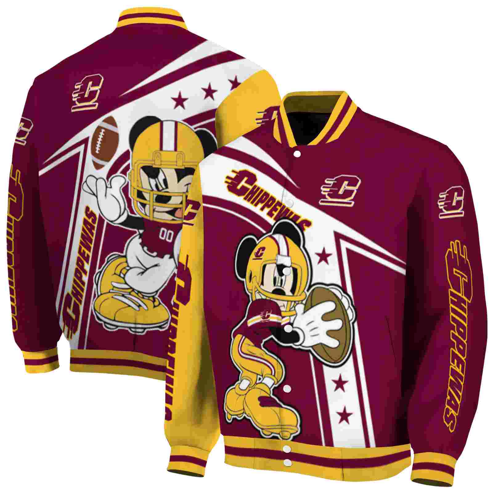 NBA Customized Central Michigan Chippewas Mickey Football Maroon White Custom Baseball Jacket Sport Fans Gear