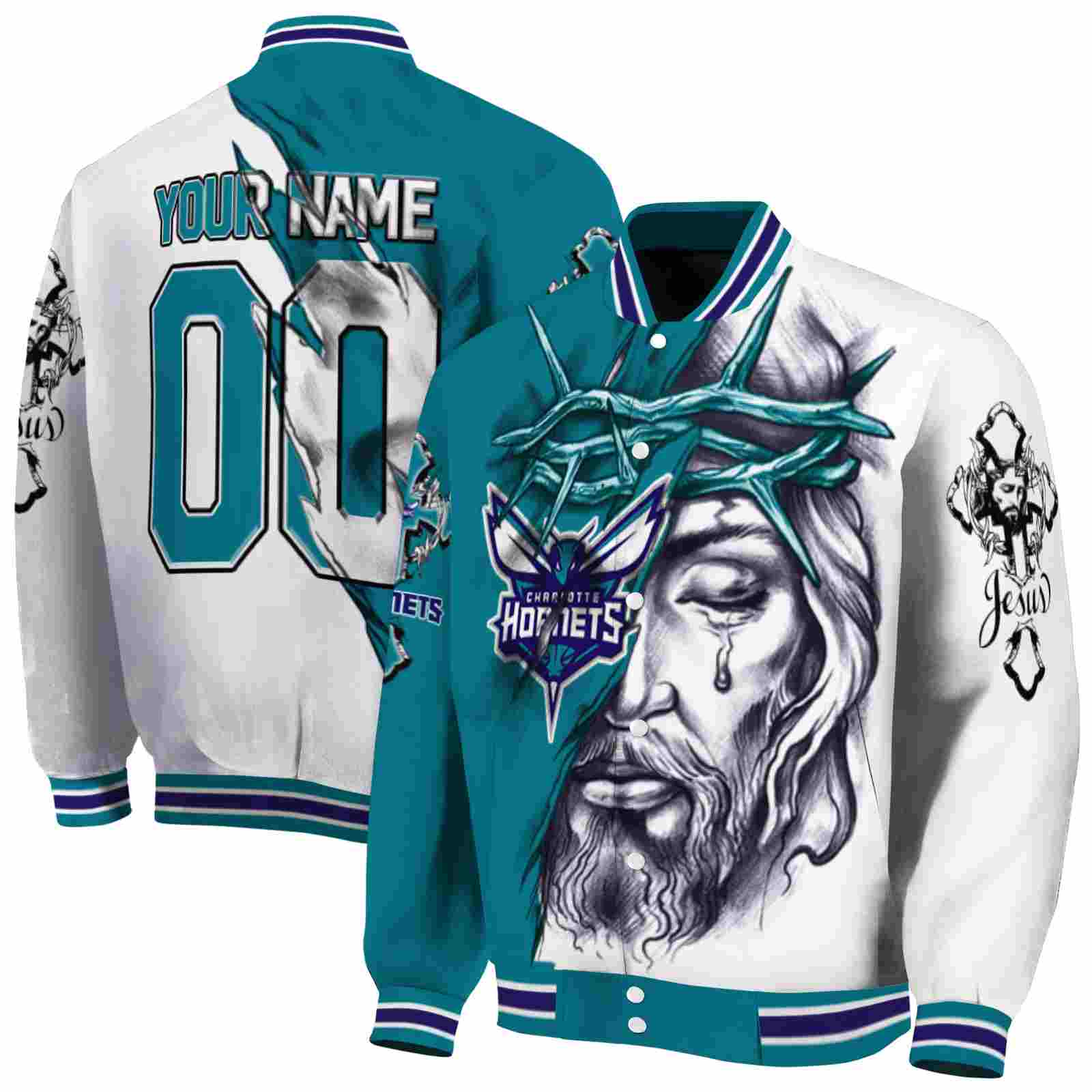 NBA Customized Charlotte Hornets Jesus Tears Teal White Custom Baseball Jacket Sport Fans Gear