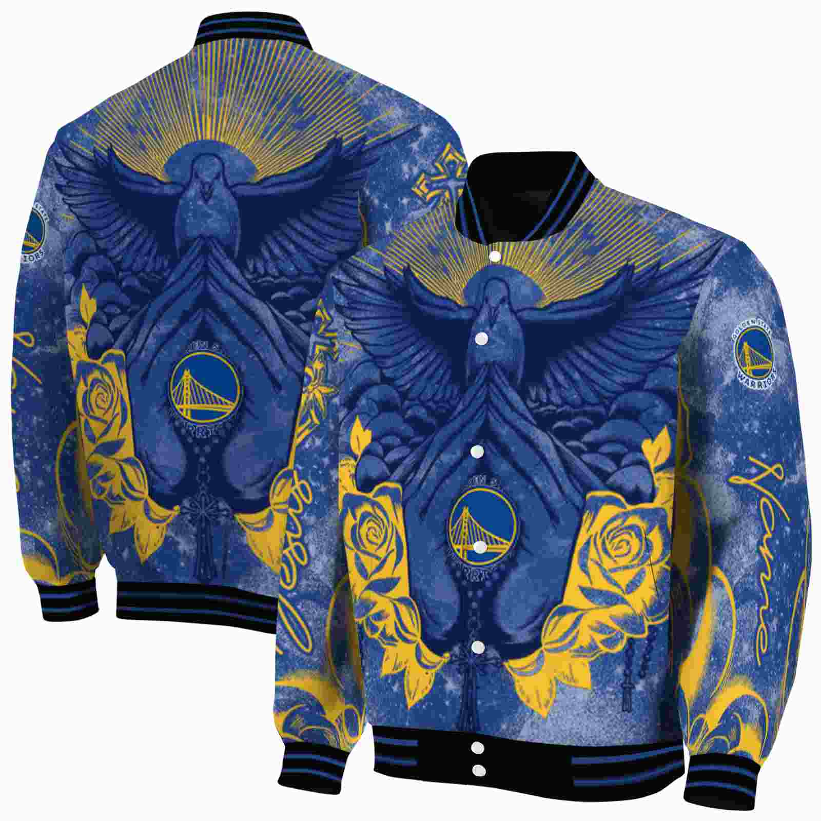 NBA Customized Golden State Warriors Praying Hands Blue Custom Baseball Jacket Sport Fans Gear