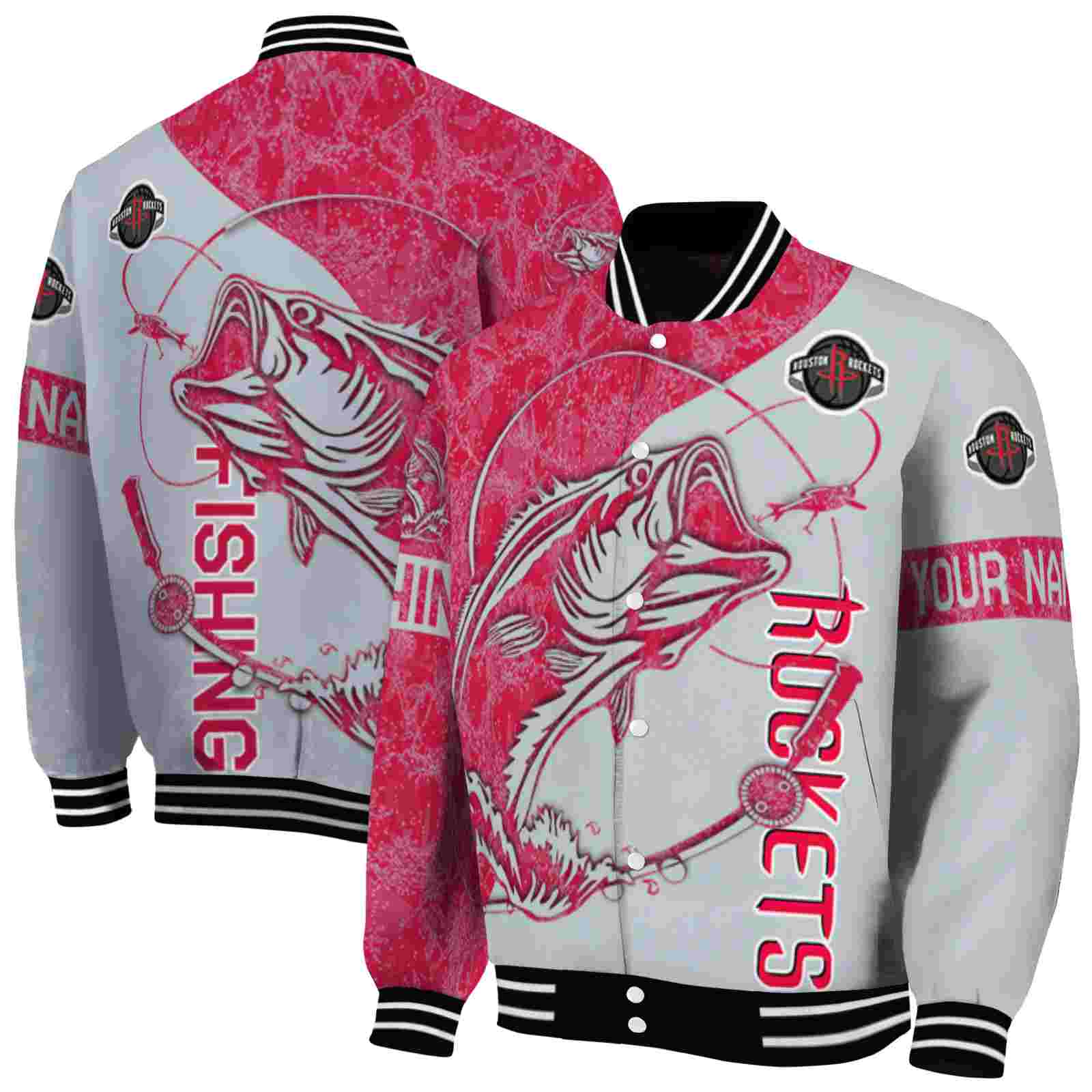 NBA Customized Houston Rockets Fishing Rod Grey Custom Baseball Jacket Sport Fans Gear
