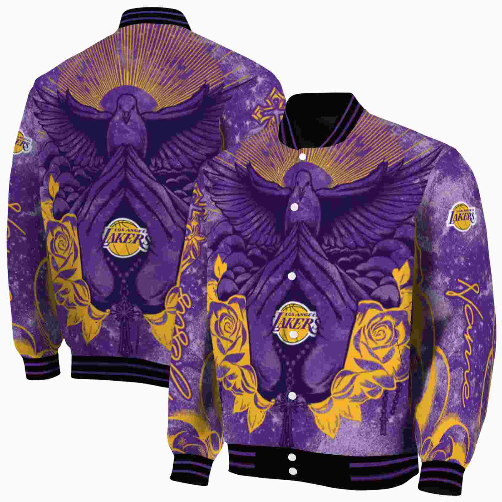 NBA Customized Los Angeles Lakers Praying Hands Purple Custom Baseball Jacket Sport Fans Gear
