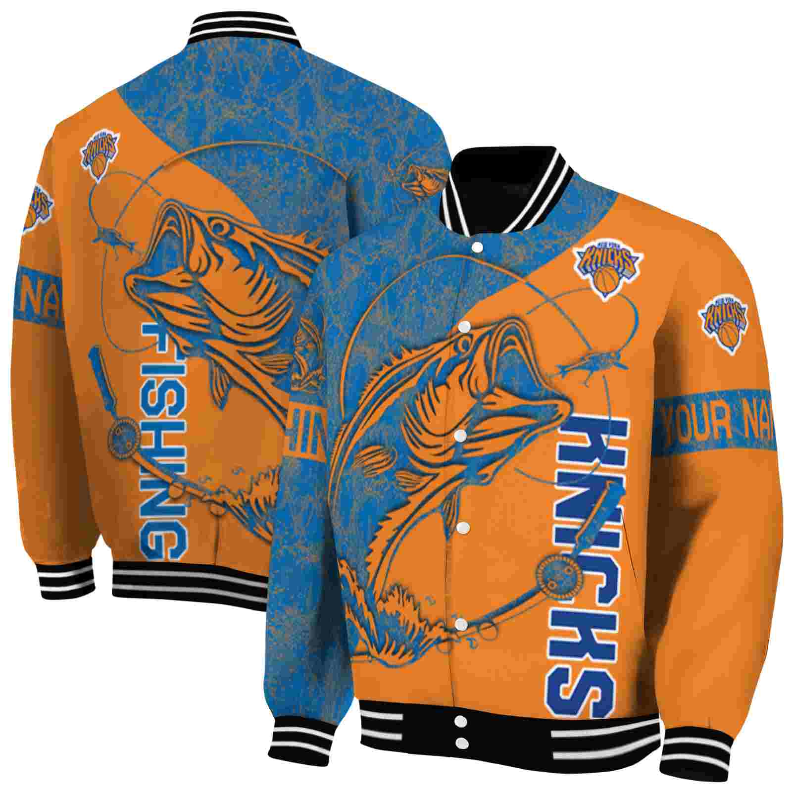 NBA Customized New York Knicks Fishing Rod Orange Custom Baseball Jacket Sport Fans Gear