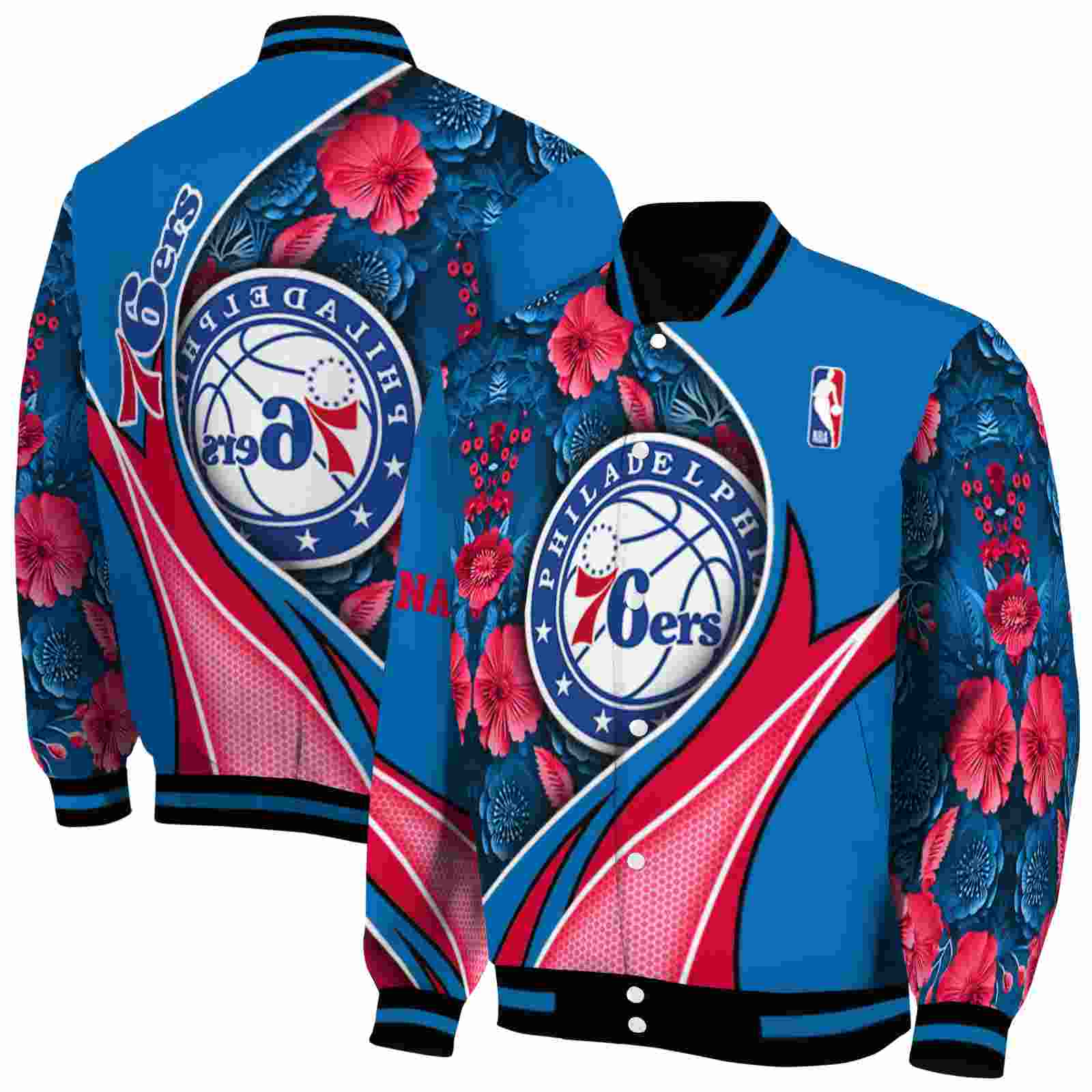 NBA Customized Philadelphia 76ers Floral Print Blue Custom Baseball Jacket Sport Fans Gear
