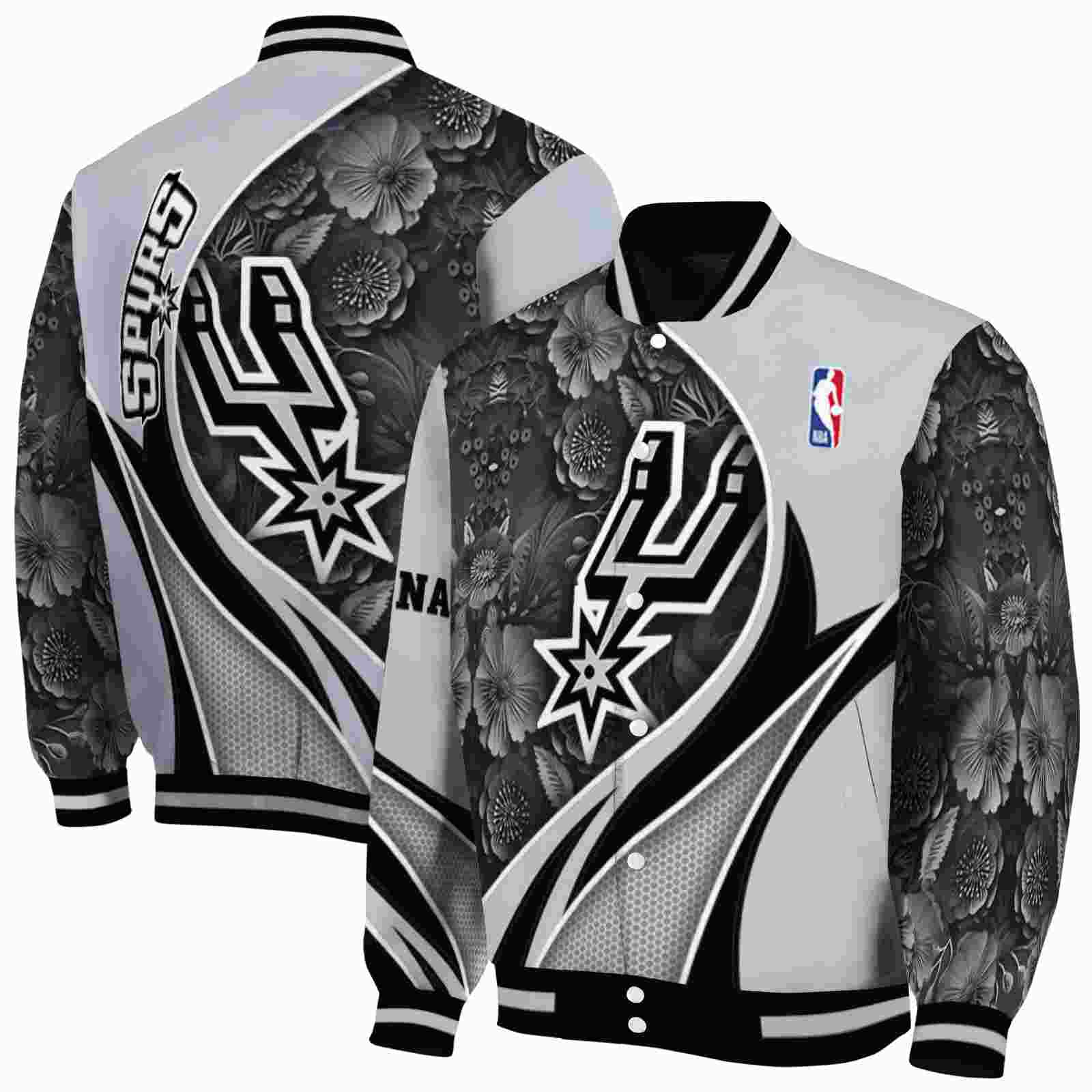 NBA Customized San Antonio Spurs Floral Print Silver Custom Baseball Jacket Sport Fans Gear