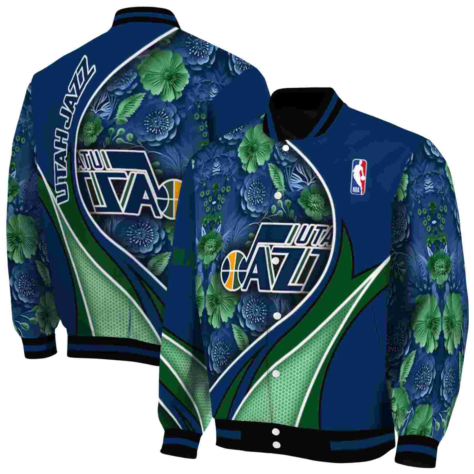 NBA Customized Utah Jazz Floral Print Navy Custom Baseball Jacket Sport Fans Gear
